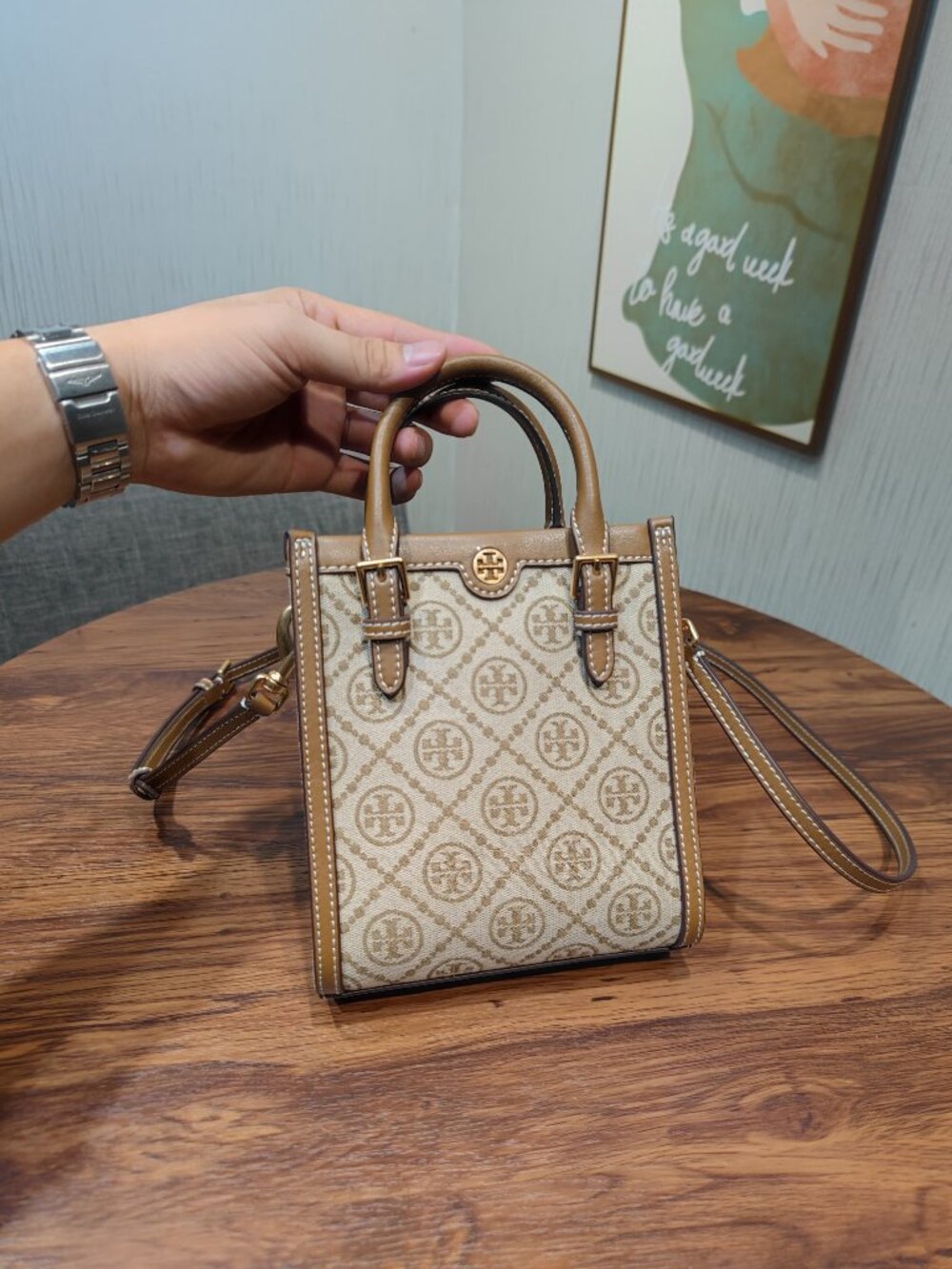 Mini T Monogram Jacquard Tote Crossbody Bag Beige Tan Leather Trim NWT